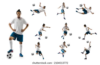 Sport movements. Set, collage made of shots of one african professional soccer player with ball in motion, action isolated on white background. Attack, defense, fight, kick. Man in blue football kits - Powered by Shutterstock