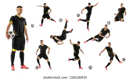 Sport movements. Set, collage made of shots of male professional soccer player with ball in motion, action isolated on white background. Attack, defense, fight, kick. Man in black football kit - Powered by Shutterstock