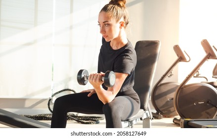 Sport muscular woman pumps up the muscle by one arm lifts dumbbell exercise on bench in fitness gym. Young female athletic gain strong physical muscles by weight lifting workout in fitness recreation. - Shutterstock ID 2058127649