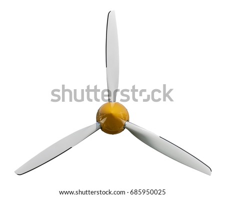 Sport plane white propeller screw with yellow cover cap. Airplane air screw of engine part for designers. Aircraft plane screw propeller. White yellow windmill. Three blades Plane airscrew