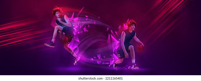 Sport poster with young professional basketball players in motion with basketball ball over dark background with neon polygonal elements. Concept of sport, team, enegry, competition, skills. - Powered by Shutterstock