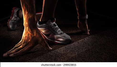 Sport. Runner. Hands On Starting Line. Power In The Veins. Fire And Energy