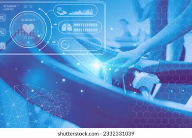 Sport science fitness technology concept. Healthy people on treadmill overlay digital tech health data insight graphics for advertising background. - Powered by Shutterstock