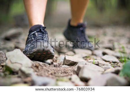 Sport shoes and exercise walking in summer, fitness concept. Jogging or training outside in summer nature, motivational health and inspirational idea.