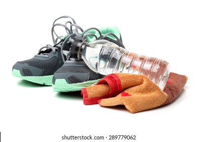 Sport Shoes And Gym Accessories. Fitness Concept