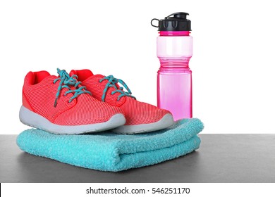 Sport Shoes Towel Bottle On Table Stock Photo 546251170 