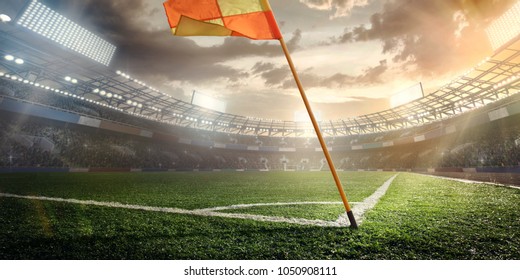 Sport. Soccer 3d render stadium. A Red flag at one corner of football stadium and soccer corner of a soccer field.