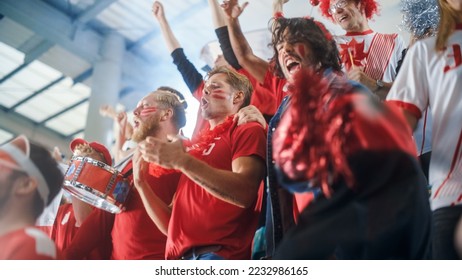 Sport Stadium Event: Crowd of Fans Cheer for their Red Soccer Team to Win. People Celebrate Scoring a Goal, Championship Victory. Group of Friends with Painted Faces Cheer, Shout, Have Emotional Fun - Shutterstock ID 2232986165