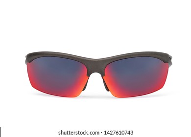 Sport Sunglasses With Multicolor Red Mirror Lens Isolated On White Background, Clipping Path.