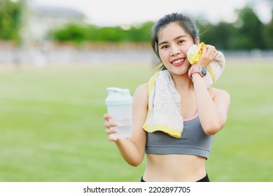 Sport Teen Girl Relax Smile Drinking Water Wipe Sweat Finish Exercise Outdoor 