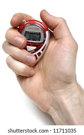 Sport Timer Stop Watch In A Hand Isolated On White Background