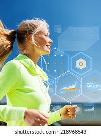 Sport, Training, Technology And Lifestyle Concept - Smiling Young Woman Running Outdoors