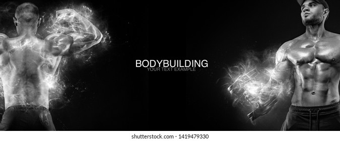 Sport Wallpaper And Motivation Concept. Strong Athletic Bodybuilder At Gym On Black Background. Fitness And Bodybuilding Nutrition Ad Poster.