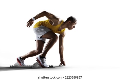 Sport white background. Sprinter leaving starting blocks on the running track. - Shutterstock ID 2223589957