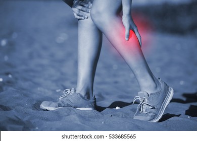 Sport Woman Cramp In Leg And Feel Pain, Asian Beauty