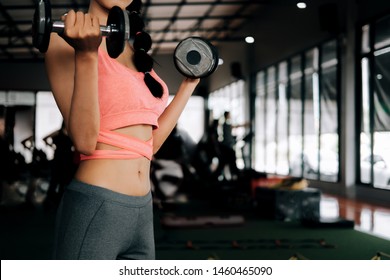 sport woman at fitness gym club doing exercise for arms with dumbbells and showing muscle bodybuilding, fitness concept, sport concept
