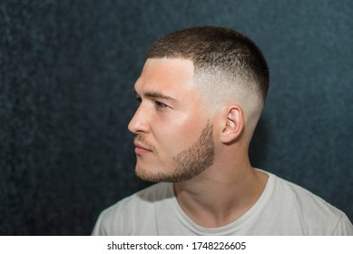 Sport Young Man With A Modern Trendy Fade Profile Haircut For Barbershop.