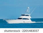 A sportfish motor yacht heads out to sea for a fishing trip