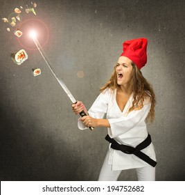 sportive chef made sushi with samurai sword