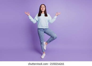 Sportive Energetic Active Lady Stand One Leg Meditate Om Sign