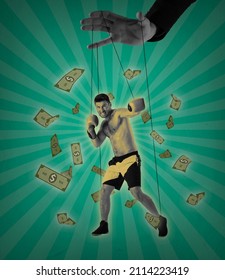 Sportive man, boxer like puppet in male hand on green background with cinematic retro effect. Concept of unfair manipulation, phycology of exploitation, mental technique, motivation. Sport, betting