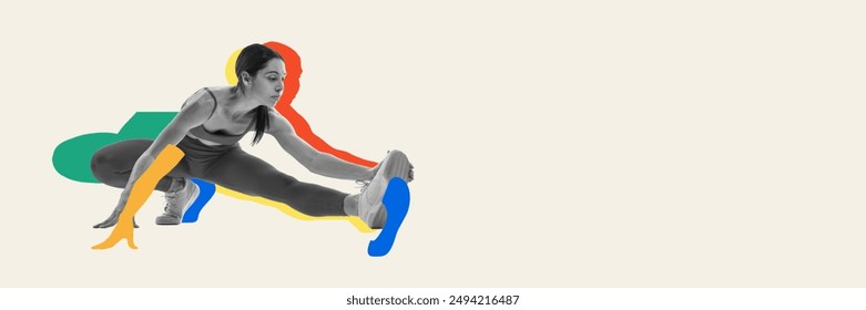 Sportive woman, athlete preparing for competition, doing stretching exercises before run. Contemporary art collage. Concept of sport, athletics, endurance, speed, energy, competition. Banner - Powered by Shutterstock