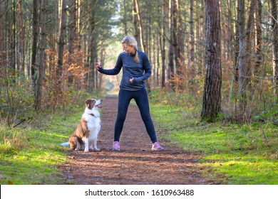 Sportive woman training her dog to sit, standing outdoors on a trail at park or forest, viewed from the front