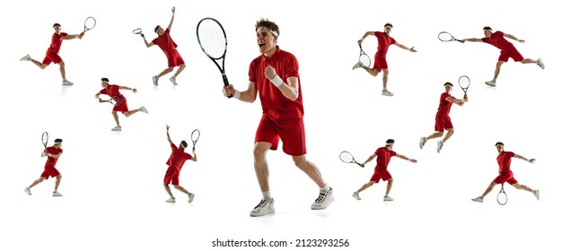 Sportive Youth. Young Man, Male Professional Tennis Player In Red Uniform Training Isolated On White Background. Concept Of Active Life, Team Game, Energy, Sport, Competition. Copy Space For Ad