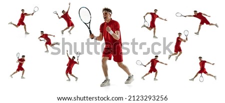 Sportive youth. Young man, male professional tennis player in red uniform training isolated on white background. Concept of active life, team game, energy, sport, competition. Copy space for ad
