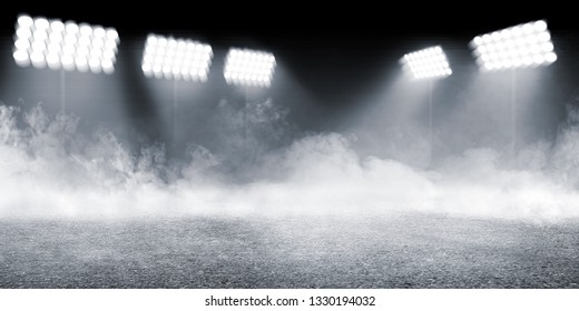 Sports Arena With Concrete Floor With Smokes And Spotlights Against Dark Background