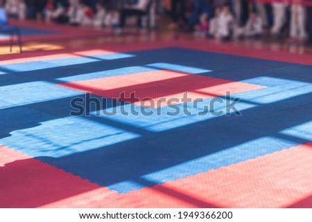 Sports background. Red-blue colors of traditional soft floor covering for karate, taekwono practice. 