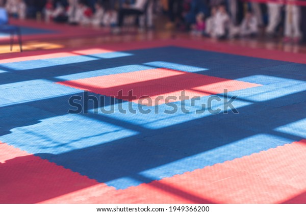 Sports background. Red-blue\
colors of traditional soft floor covering for karate, taekwono\
practice. 