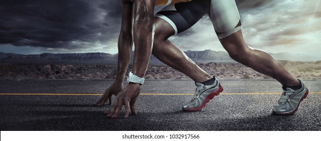 Sports background. Runner feet running on road closeup on shoe. Start line - Shutterstock ID 1032917566