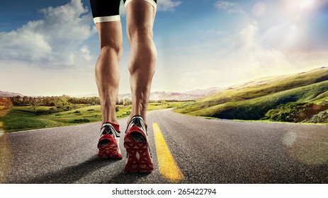 Sports background. Runner feet running on road closeup on shoe. - Shutterstock ID 265422794