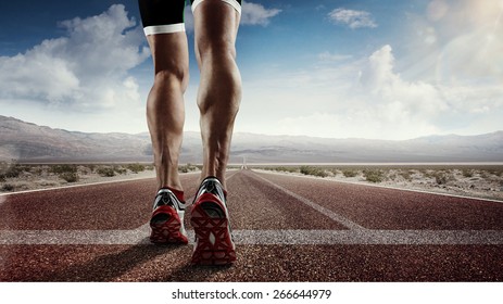 Sports background. Runner feet running on road closeup on shoe. - Shutterstock ID 266644979