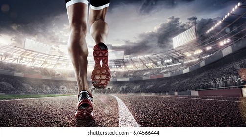 Sports background. Runner feet running on stadium closeup on shoe. Dramatic picture. - Shutterstock ID 674566444