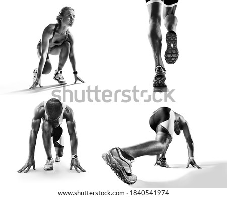 Sports background. Runner feet running on road closeup on shoe. Runner on the start. Black and white image isolated on white.