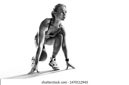 Sports background. Runner on the start. Black and white image isolated on white. - Shutterstock ID 1470112943