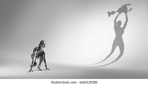 Sports background. Runner on the start. Black and white image isolated on white with long shadow of the winner. 