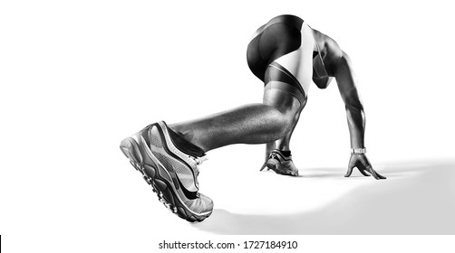 Sports Background. Runner On The Start. Black And White Image Isolated On White. Back View. Low Angle.