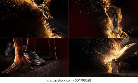 Sports Background. Sport Collage With Fire And Energy