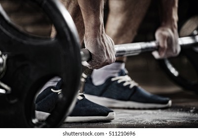 Sports Background. Young Athlete Getting Ready For Weight Lifting Training. Powerlifter Hand In Talc Preparing To Bench Press