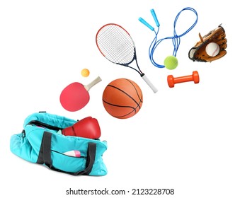 Sports bag and different gym stuff flying on white background - Shutterstock ID 2123228708