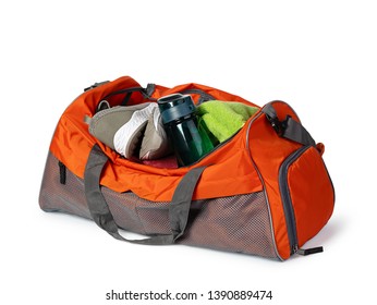 Sports bag with sports equipment Isolated on white background