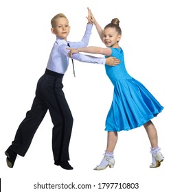 Sports ballroom dancing. Couple of dancers, boy and girl in costumes for ballroom dancing. Isolate
