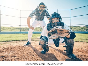 Sports, baseball and catcher with man on field for fitness, pitching and championship training. Workout, umpire and exercise with athlete playing at stadium for competition match, cardio and league