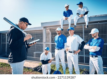 Sports, baseball and coach talking to the team on the field before a game, workout or training. Fitness, discussion and trainer planning a strategy with a male sport group before a match or practice. - Powered by Shutterstock