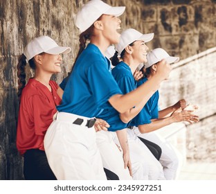 Sports, baseball and excited team celebrate teamwork, softball player success and cheers for winning point. Champion athlete, stadium dugout or happy women clapping, congratulations and praise winner - Powered by Shutterstock