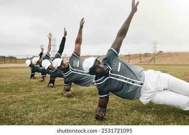 Sports, baseball field and team doing body stretching to prepare for game, competition or fitness workout. Sport, focus or exercise training group of people, athlete or warm up with winner mindset - Powered by Shutterstock