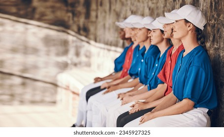 Sports, baseball people and team in dugout together waiting to watch game for turn. Diversity, happy and athlete group of women for softball training or on bench for support at competition or event - Powered by Shutterstock